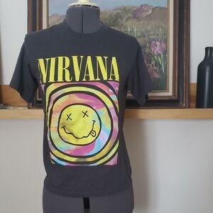 NIRVANA Charcoal Tee with Vibrant Smiley Design